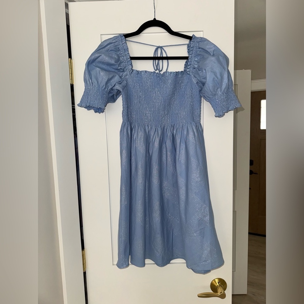 Hill House Athena Nap Dress in Light Blue Glitter Check LIKE NEW Smocked Medium - Picture 3 of 5